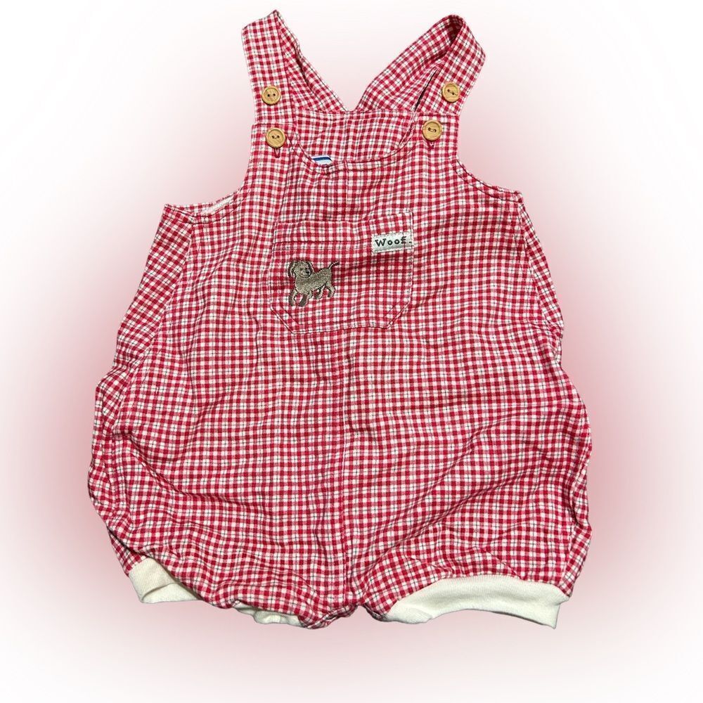 Vintage Baby Lullaby Club Red Checkered Plaid Dog Romper Outfit